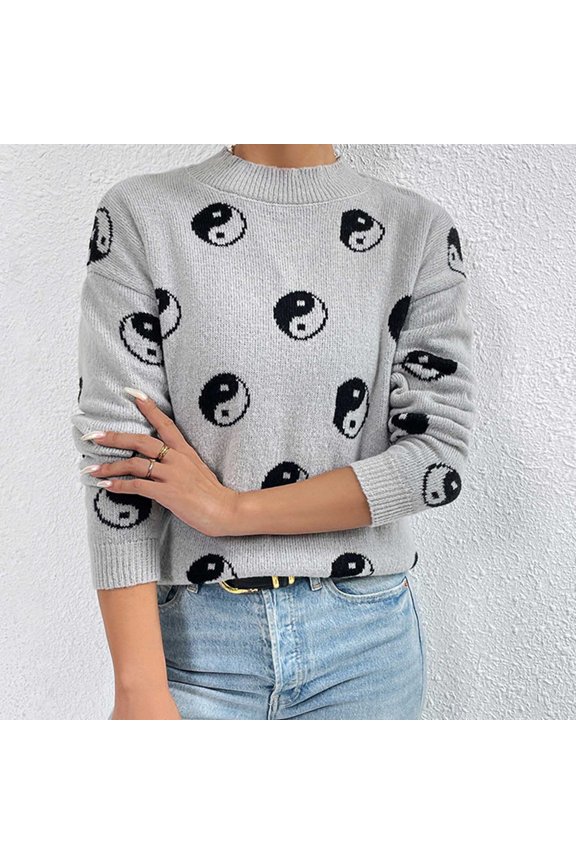 Womens Personalized Fashion Printed Fall and Winter Long Sleeve Round Neck Casual Sweater Gray