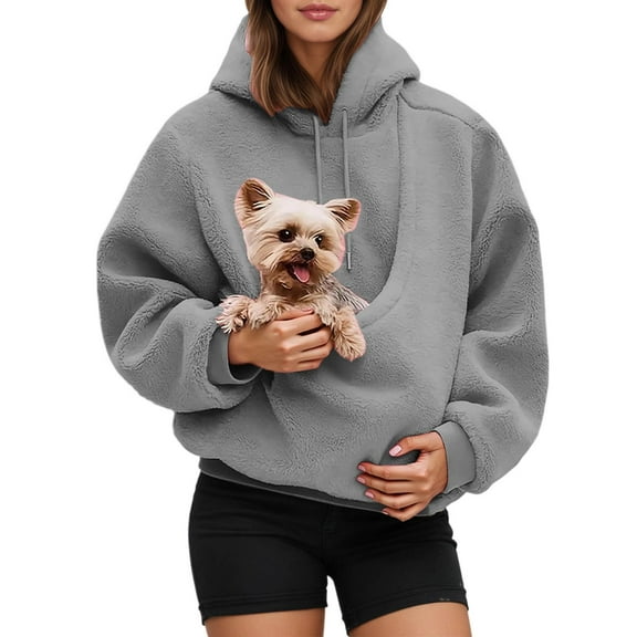 Womens Pet Kangaroo Pouch Hoodies Petcare Oversized Sweatshirt with Pocket Carry Pouch for Small Dogs Pet Carrier Hoodie Light Gray L