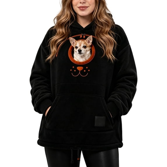 Womens Pet Pouch Hoodie Small Pet Carrier Sweatshirt Adjustable Hem with Zipper Pouch Long Sleeve Cute Graphic Hooded Fleece Pullover Fall Winter Tops for Women Loose Fit Casual