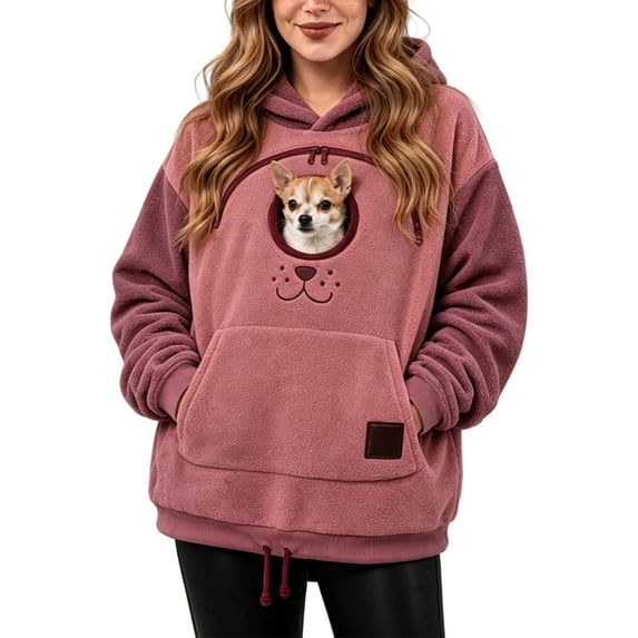 Womens Pet Pouch Hoodie Small Pet Carrier Sweatshirt Fall Winter Tops for Women Adjustable Hem Loose Fit Casual Long Sleeve Cute Graphic Hooded Fleece Pullover with Zipper Pouch