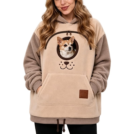Womens Pet Pouch Hoodie Small Pet Carrier Sweatshirt Loose Fit Casual Fall Winter Tops for Women Adjustable Hem with Zipper Pouch Cute Graphic Hooded Fleece Pullover Long Sleeve
