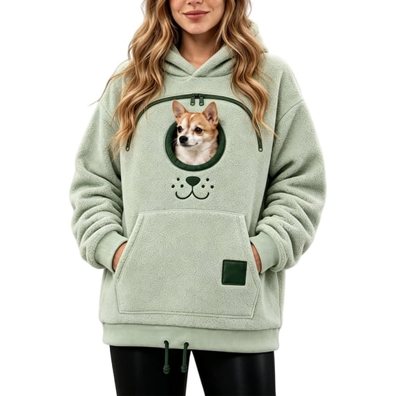 Womens Pet Pouch Hoodie Small Pet Carrier Sweatshirt Loose Fit Casual Fall Winter Tops for Women Long Sleeve with Zipper Pouch Adjustable Hem Cute Graphic Hooded Fleece Pullover