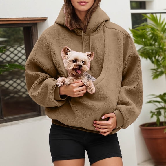 Womens Pet Pouch Hoodies Oversized Cat and Dog Pouch Pullover Sweatshirt with Pockets (Khaki L Fleece ver)