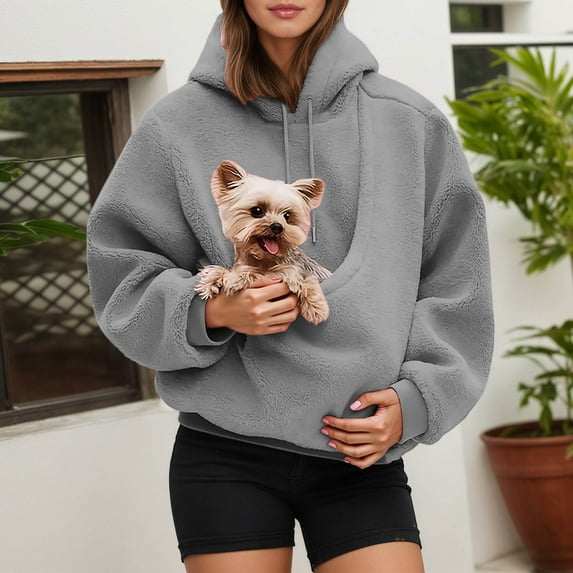 Womens Pet Pouch Hoodies for Women Pocket Dog Pouch Sweatshirts Pet Carrier Pullover Animal Holder Long Sleeve Tops
