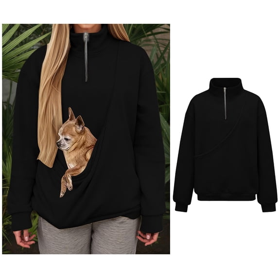 Womens Pet Pouch Sweatshirt Quarter Zipper Dog Holder Carrier Sweatshirt Casual Long Sleeve Oversized Pocket Kangaroo Pocket Holder Winter Clothes