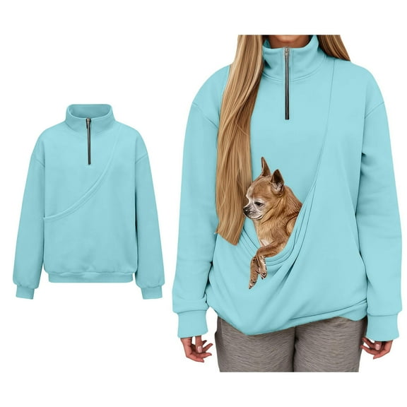 Womens Pet Pouch Sweatshirt Women Quarter Zipper Dog Holder Carrier Sweatshirt Fashionable Long Sleeve Oversized Pocket Pullover Sweater Winter Clothes