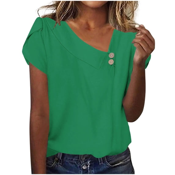 Womens Petal Short Sleeve Shirts, Summer Tops for Women Casual Loose Fit Solid Color V Neck T-Shirts with Buttons