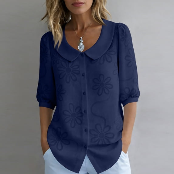 Womens Peter Pan Collar Button Down Shirt Puff Doll Half Sleeve Floral Tops Loose Fit Dressy Casual Office Going Out Shirts Navy XL