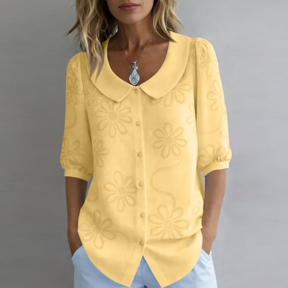 Womens Peter Pan Collar Button Down Shirt Puff Doll Half Sleeve Floral Tops Loose Fit Dressy Casual Office Going Out Shirts Yellow XL