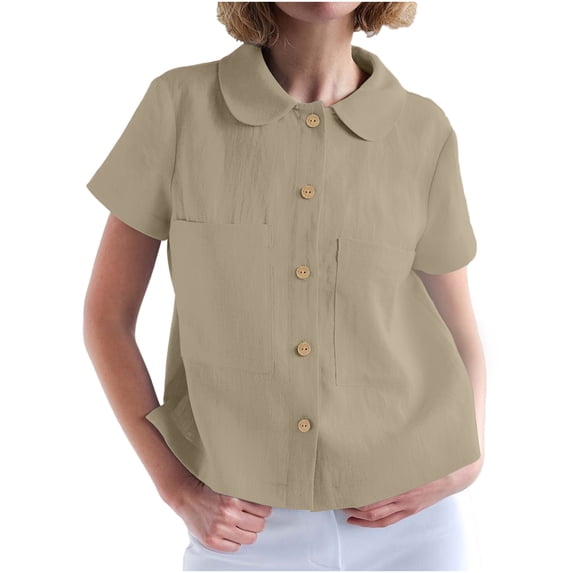 Womens Peter Pan Collar Tees Short Sleeve Double Pocket Pullover Clothing 2026 Summer Tops for Women Solid Color Casual Outfits Button Down Shirts Blouse