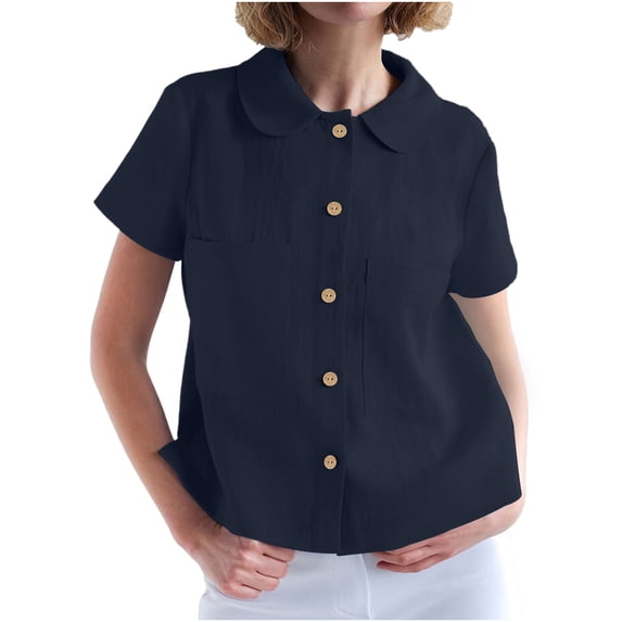 Womens Peter Pan Collar Tees Short Sleeve Double Pocket Pullover Clothing 2026 Summer Tops for Women Solid Color Casual Outfits Button Down Shirts Blouse