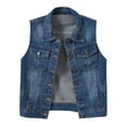 thumbnail image 1 of Womens Petite Buttoned Washed Denim Jacket Sleeveless Crop Vest, 1 of 5