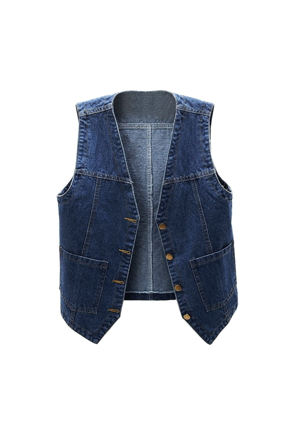 Womens Petite Buttoned Washed Denim Jacket Sleeveless Crop Vest