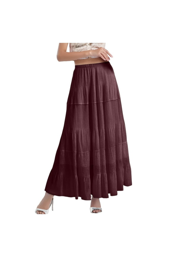 Womens Petite Chiffon White Flowy Maxi Skirts Boho Summer Elastic Waisted Pleated A Line Long Skirt