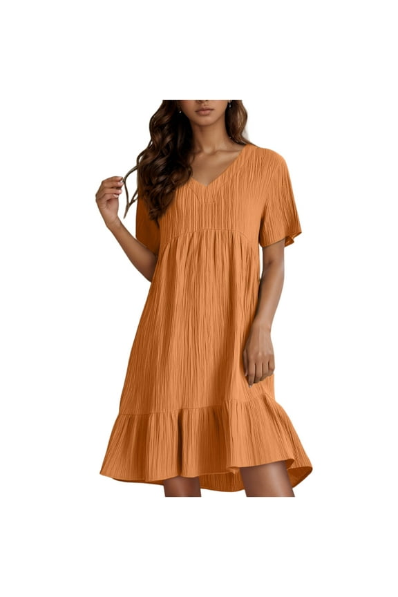 Formal Pleated Dresses for Women Knee Length Short Sleeve V Neck Cute Shirt Dresses Cotton Linen Ruffle Tiered Layered Modest Beach Dresses Saffron S