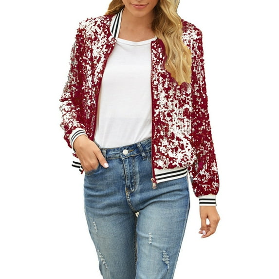 Womens Petite Fall Winter Sequin Long Sleeve Cardigan Baseball Jacket