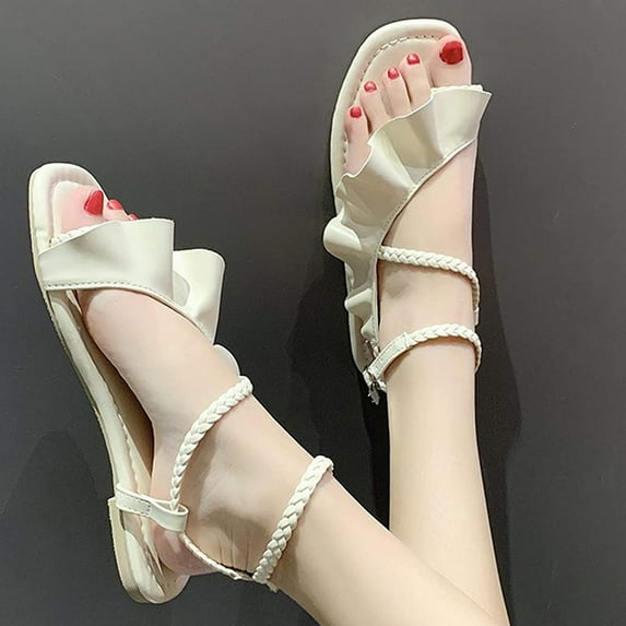 YODETEY Ruffled Strap Sandals - Women Summer Casual Shoes Color Ruffle Low Heel Buckle Open Toe Sandals Strappy Sandals with Cushioned Sole