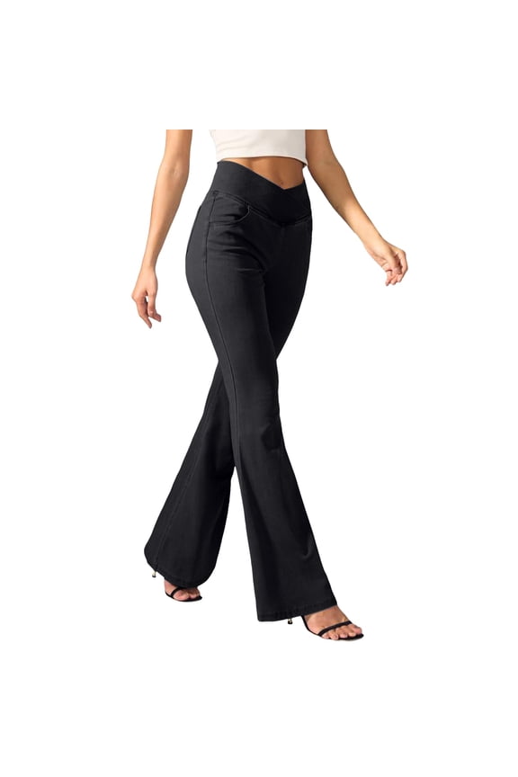 Womens Petite Jeans High Waisted Bottom Jeans Trendy Yoga Pants Stretchy Flare Leggings With Pockets