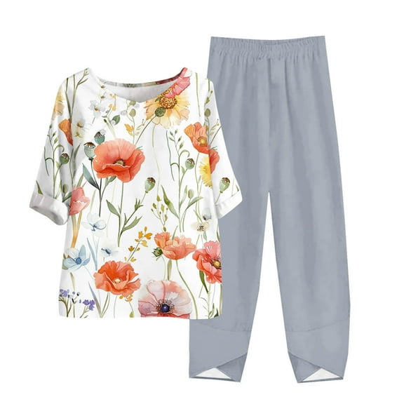 Womens Petite Lounge Sets 2 Piece Outfits Fall Linen Sets for Women 2 Piece Women's Casual Round Neck 5/4 Sleeve Top And Pants Digital Printing Two-piece Set