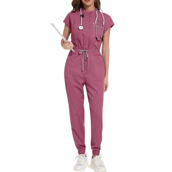 Womens Petite Scrub Sets 2026 Spring Summer Short Sleeve Scrub Top & Drawstring Jogger Scrub Pants Quick Dry Nursing Scrubs Set Stretch Medical Uniform with Pockets Pink XS