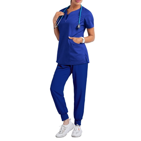 Womens Petite Scrub Sets 2026 Spring Summer V-Neck Scrub Top and Jogger Pants Quick Dry Nursing Workwear Stretch Medical Uniform Suits with Multi Pocket for Nurse Esthetician Royal Blue S