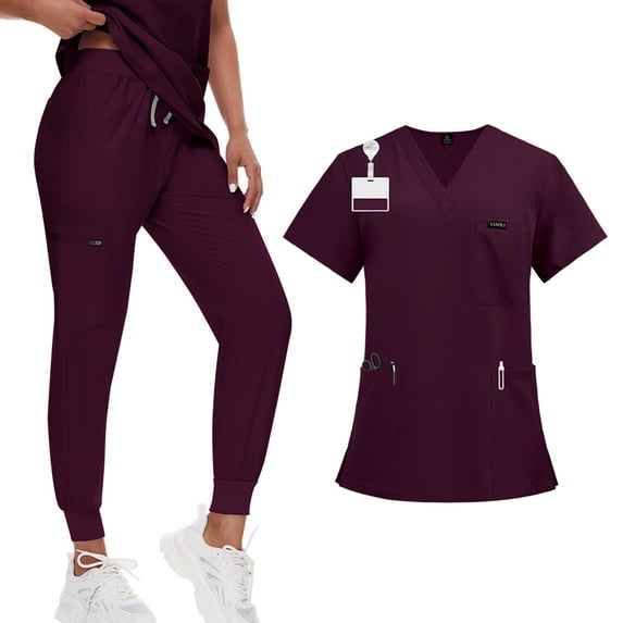Womens Petite Scrub Sets 2026 Spring Summer V-Neck Scrub Top & Jogger Scrub Pants Quick Dry Nursing Workwear Stretch Working Uniforms with Multi Pocket for Doctors, Nurses Wine L