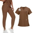 thumbnail image 1 of Womens Petite Scrub Sets Comfortable V-Neck Scrub Top & Drawstring Jogger Pant Quick Dry Nursing Workwear Stretch Medical Working Uniforms with Multi Pocket for Nurse Esthetician Brown M, 1 of 5