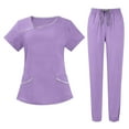 thumbnail image 1 of Womens Petite Scrub Sets Comfortable V-Neck Scrub Top and Drawstring Jogger Pants Quick Dry Nursing Workwear Stretch Working Uniforms with Multi Pocket for Doctors, Nurses Purple L, 1 of 4