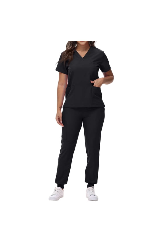 Womens Petite Scrub Sets Comfortable V-Neck Scrub Top & Jogger Pant Quick Dry Nursing Scrubs Set Stretch Medical Uniform with Pockets Black M