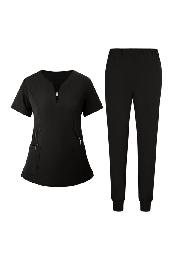 Womens Petite Scrub Sets Comfortable V-Neck Scrub Top & Jogger Pant Quick Dry Nursing Workwear Stretch Working Uniforms with Pockets Black XL