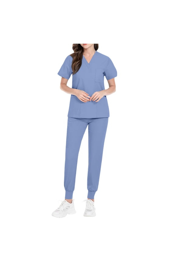 Womens Petite Scrub Sets Comfortable V-Neck Scrub Top and Jogger Pants Quick Dry Nursing Scrubs Set Stretch Working Uniforms with Pockets Light Blue M