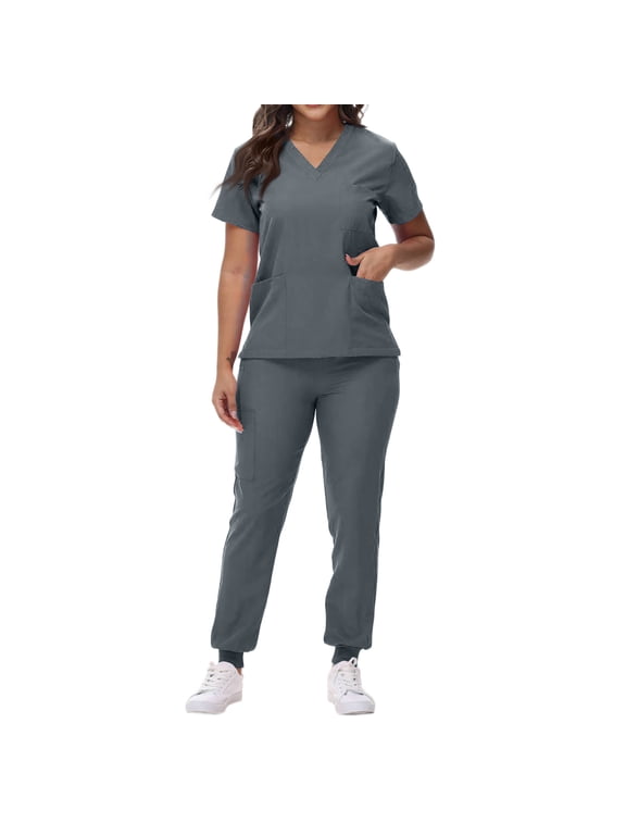 Womens Petite Scrub Sets Comfortable V-Neck Scrub Top & Jogger Scrub Pants Stretch Nursing Workwear Quick Dry Medical Uniform Suits with Multi Pocket for Doctors, Nurses Gray XL