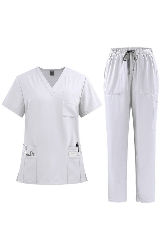 Womens Petite Scrub Sets Comfortable V-Neck Scrub Top & Jogger Scrub Pants Stretch Nursing Workwear Quick Dry Working Uniforms with Pockets White S