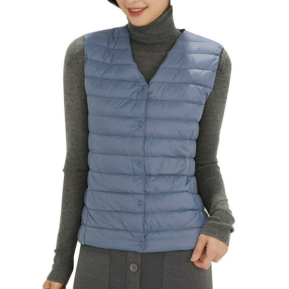 Womens Petite Short Down Vest Light Packable Round Collar V Neck Vest