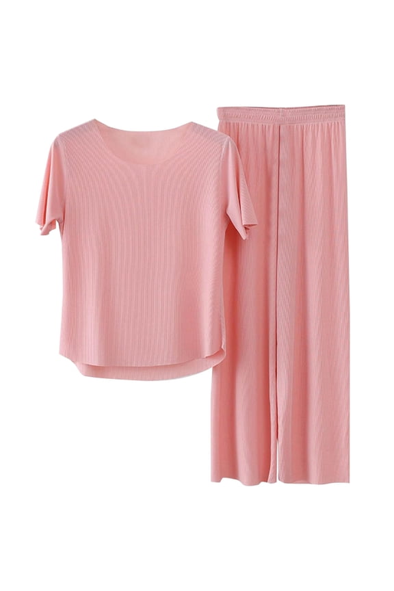 Womens Petite Summer Pajamas Sets Casual Crewneck Set Breathable Seamless Solid Color Sleepwear Outfit