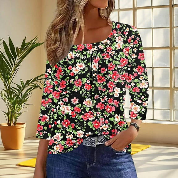 Womens Petite Tunic Tops 3/4 Sleeve Womens Summer Tees Vintage Womens Summer Tops Casual Cheap Print Tops for Women