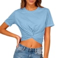 thumbnail image 1 of Womens Petite Y2K Crop Top,Casual Knot Twist Front T-Shirt,Breathable Durable Short Sleeve Basic T-Shirts S-3XL, 1 of 8
