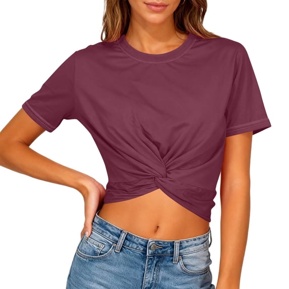 Womens Petite Y2K Crop Top,Casual Knot Twist Front T-Shirt,Breathable Durable Short Sleeve Basic T-Shirts S-3XL