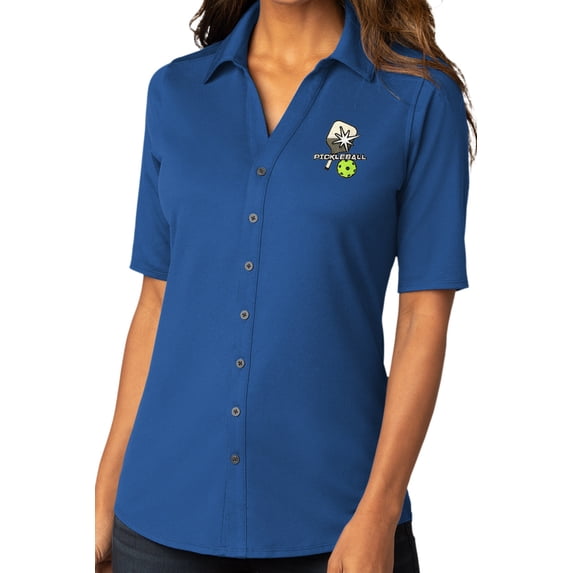 Womens Pickleball Patch Button-Down Stretch Shirt, Large True Blue