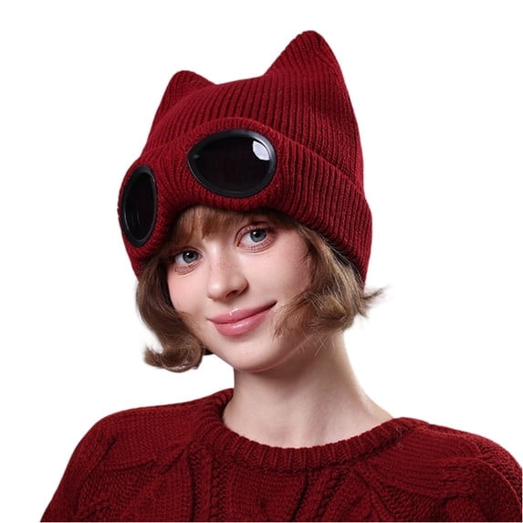 Womens Pilot Aviator Cap with Cat Ears and Goggles, Warm Animal Ears Knit Cap,One Size