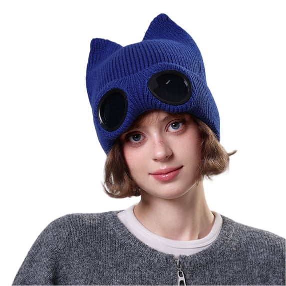 Womens Pilot Aviator Cap with Cat Ears and Goggles, Warm Animal Ears Knit Cap,One Size