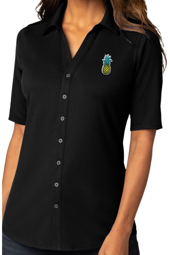 Womens Pineapple Patch Button-Down Stretch Shirt, Medium Black