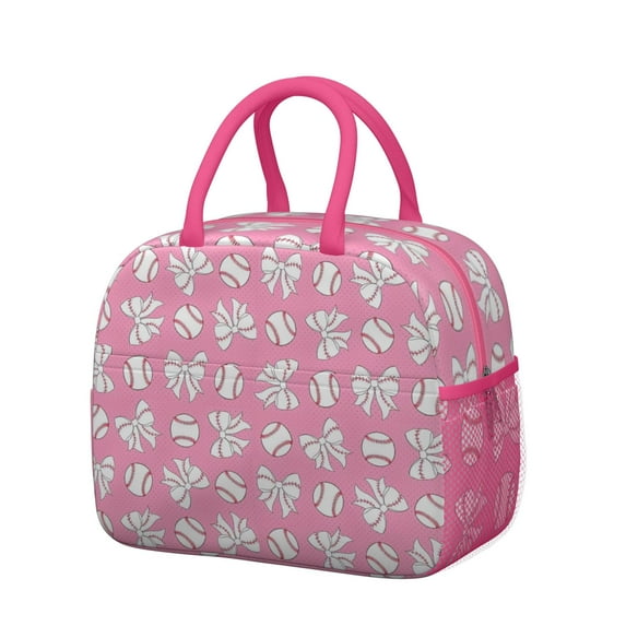 Womens Pink Bows and Baseballs Pattern Lunch Box for Work,Insulated Lunch Bag for Women,Loncheras Para Mujer,Leakproof Adult Lunch Bag for Work,Beach,Travel,Picnic,Camping