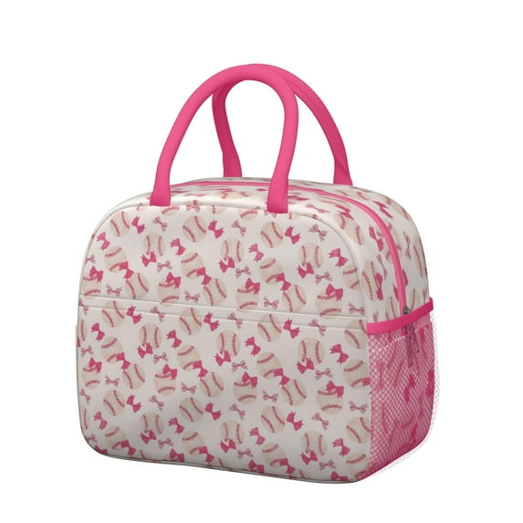 Womens Pink Bows and Baseballs Pattern Lunch Box for Work,Insulated Lunch Bag for Women,Loncheras Para Mujer,Leakproof Adult Lunch Bag for Work,Beach,Travel,Picnic,Camping