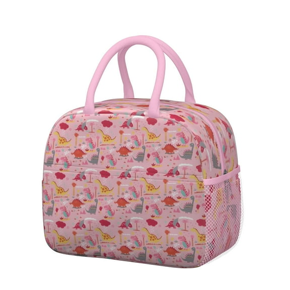 Womens Pink Cartoon Dinosaurs Landscape Pattern Lunch Box for Work,Insulated Lunch Bag for Women,Loncheras Para Mujer,Leakproof Adult Lunch Bag for Work,Beach,Travel,Picnic,Camping