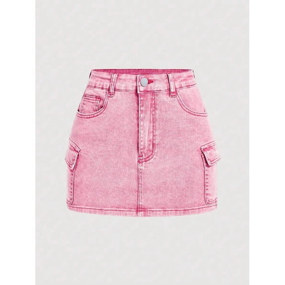 Womens Pink Denim Mini Skirt With Cargo Flap Pockets And Button Front