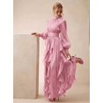 thumbnail image 1 of Womens Pink Elegant High Neck Long Sleeve Pleated Maxi Dress With Ruched, 1 of 6