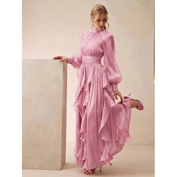 Womens Pink Elegant High Neck Long Sleeve Pleated Maxi Dress With Ruched