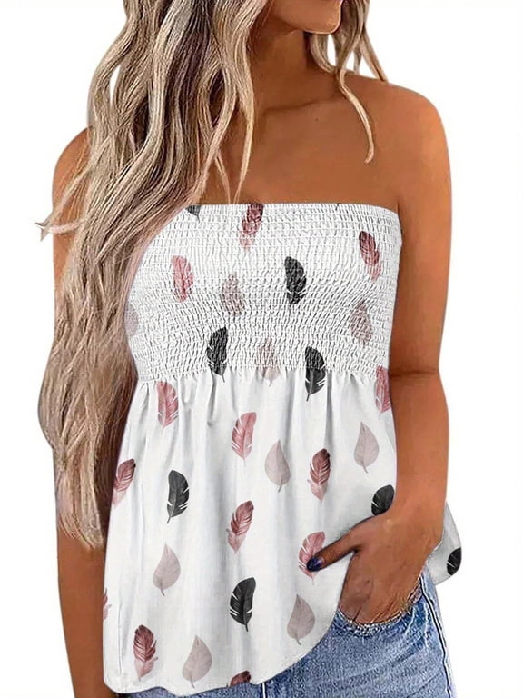 Womens Pink Feather Print Strapless Tube Top With Smocked Bust And Flowy Hem
