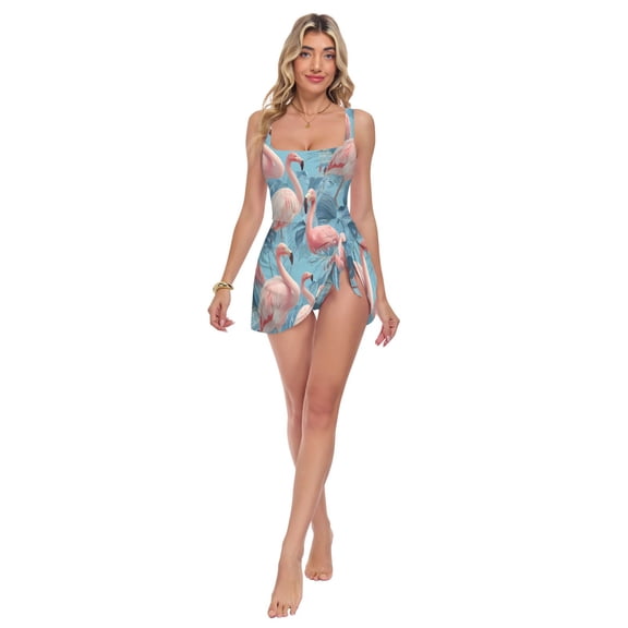 Womens Pink Flamingo Blue Leave Pattern Print 2-in-1 Swim Dress Detachable Skirt One-Piece Swimsuit Square Neck S-XXL
